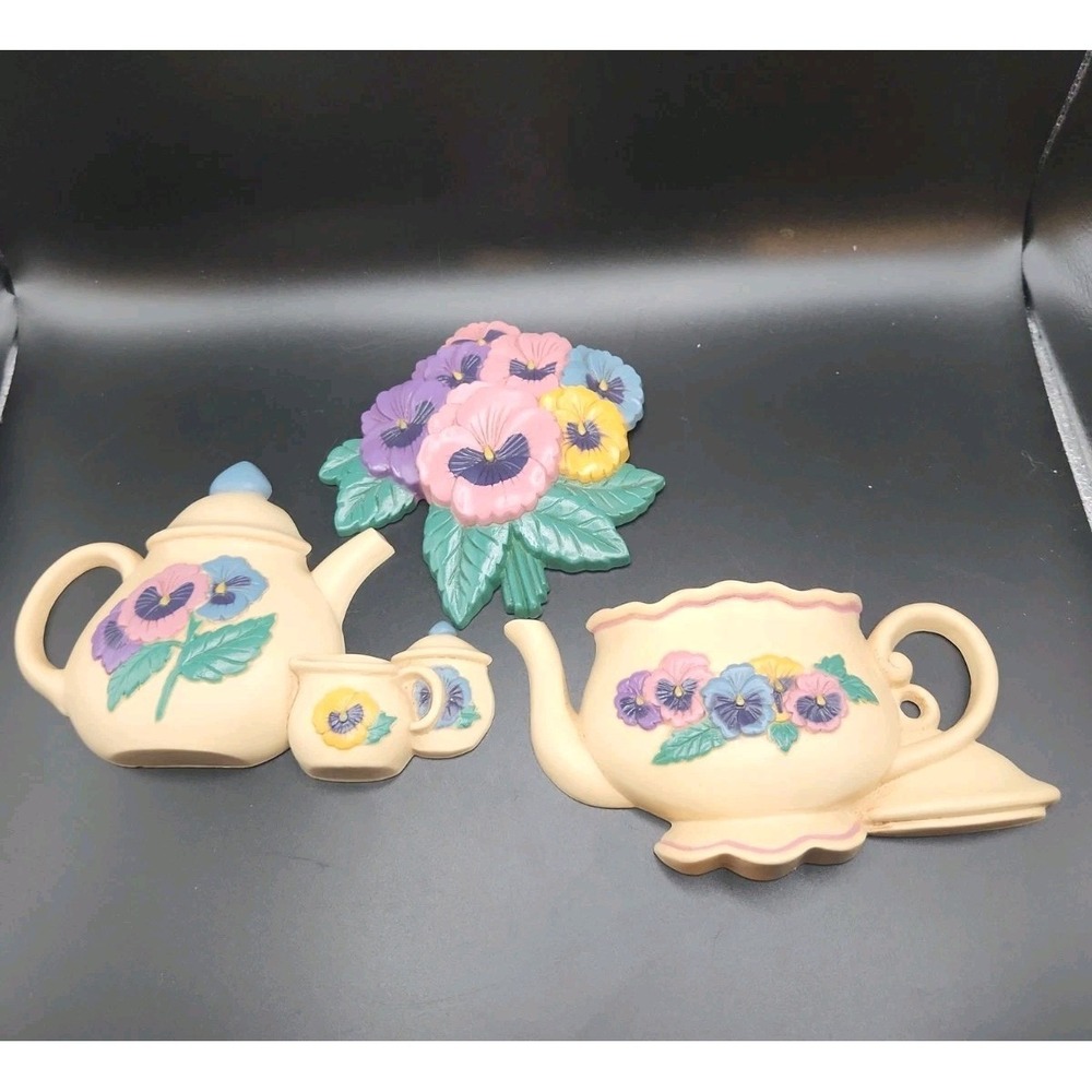 Vintage Burwood Pansy Flower & Teapot Wall Hanging Plaques